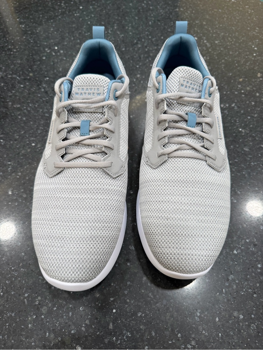 Travis Mathew Light Gray Knit Sneakers with Blue Trim NEVER WORN SIZE 13